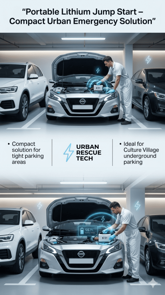 Portable lithium jump start service using compact device in tight underground parking area in Culture Village Dubai.