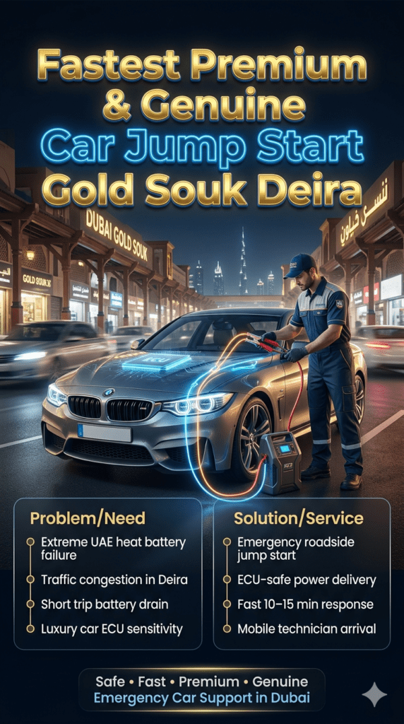 Luxury roadside jump start service in Gold Souk Deira showing premium car battery emergency support with technician connecting jumper cables, surrounded by infographic points explaining causes, solutions, and fast response system in Dubai heat conditions.