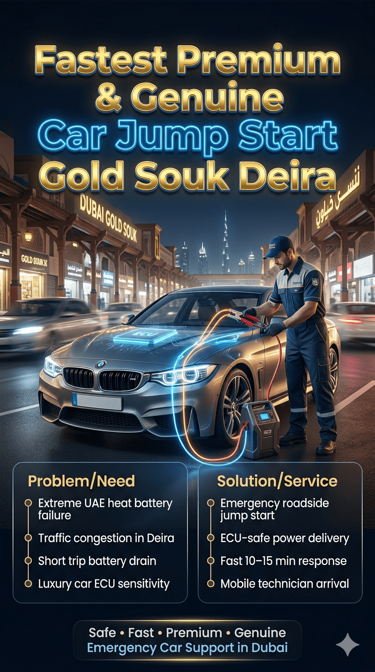 Luxury roadside jump start service in Gold Souk Deira showing premium car battery emergency support with technician connecting jumper cables, surrounded by infographic points explaining causes, solutions, and fast response system in Dubai heat conditions.