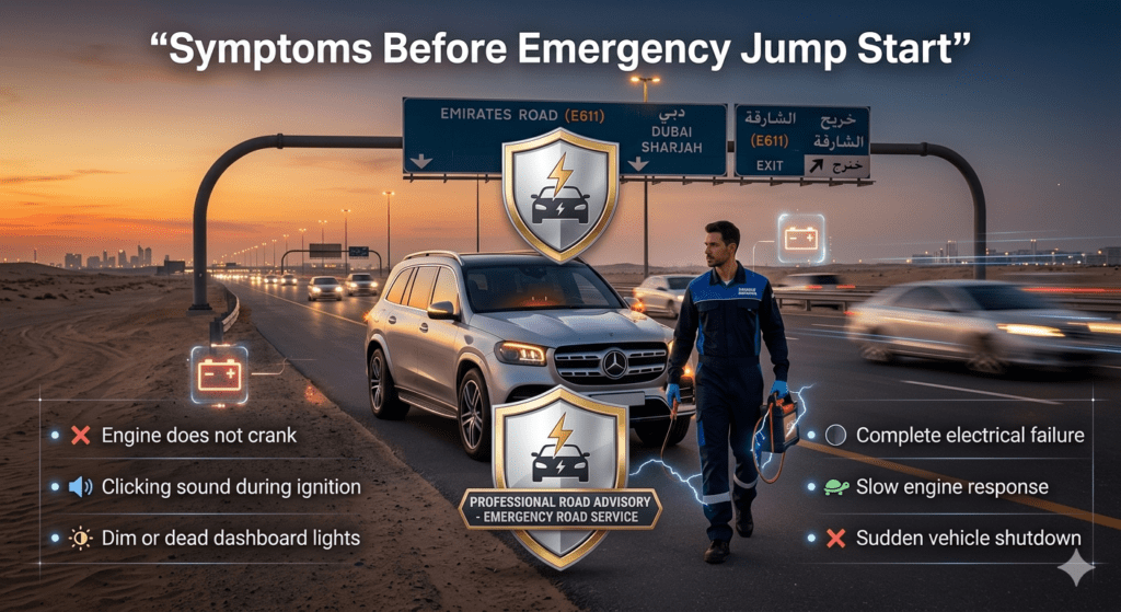 symptoms before emergency jump start showing car battery failure signs like engine not cranking dim lights and clicking sound on E611 Dubai