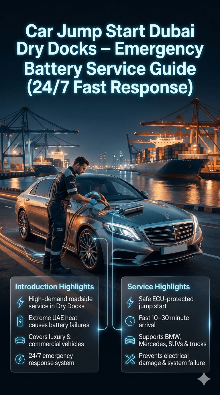 Professional Car Jump Start Dubai Dry Docks roadside emergency service showing technician connecting battery booster cables to luxury vehicle in industrial port area with safety infographic points and modern automotive guide design.