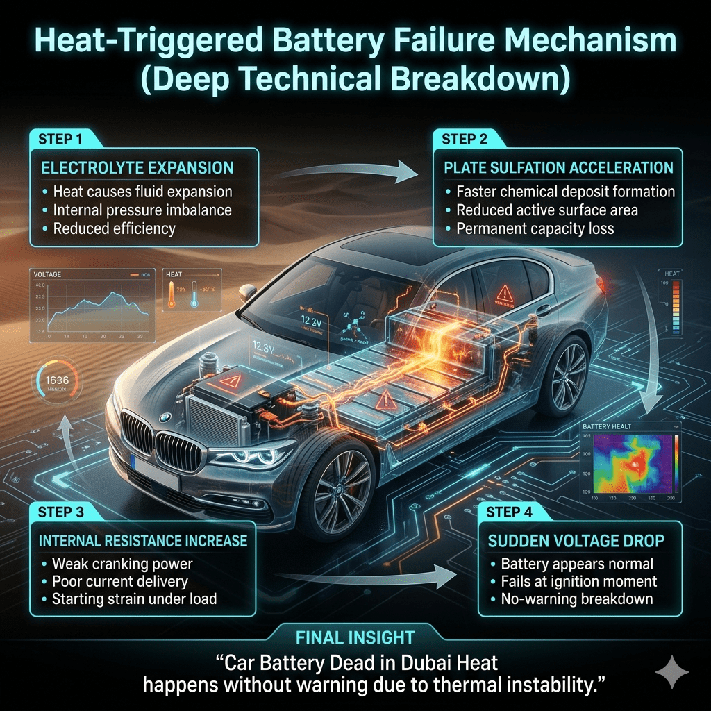 A futuristic cutaway view of a car battery showing heat-induced chemical and electrical failure stages with diagnostic overlays.