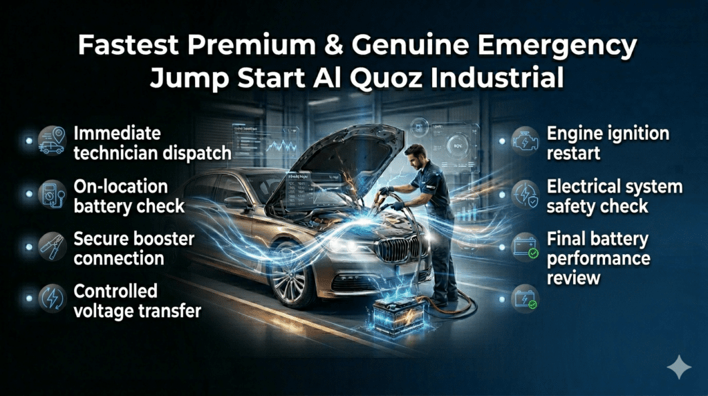Emergency jump start process in Al Quoz Industrial showing technician boosting car battery with step-by-step service flow.