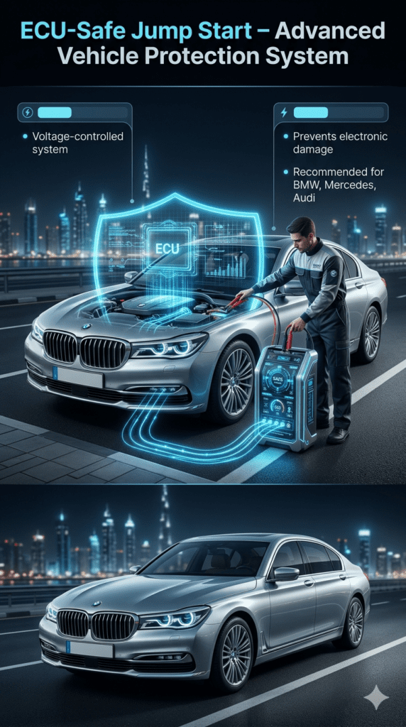ECU-safe jump start service showing technician using voltage-controlled system on luxury car to prevent electronic damage.