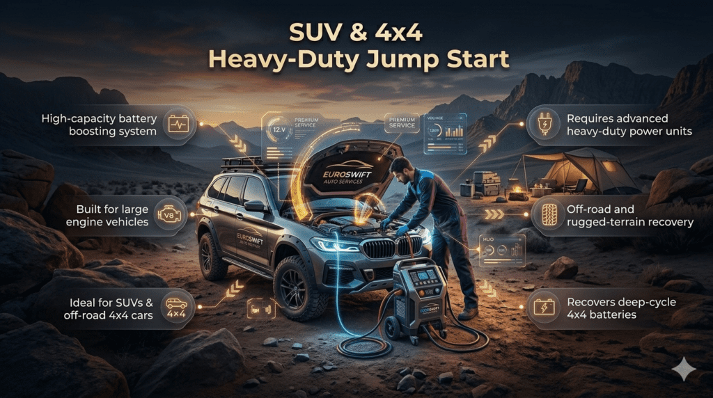 Infographic showing heavy-duty jump start for SUV and 4x4 vehicles using high-capacity battery booster and advanced power units.