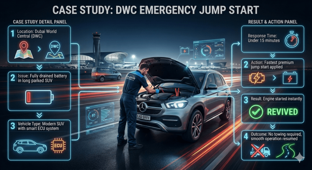 Case study infographic showing emergency jump start at Dubai World Central (DWC) with EuroSwift Auto Services, including drained battery issue, fast response, jump start action, and successful engine restart without towing.