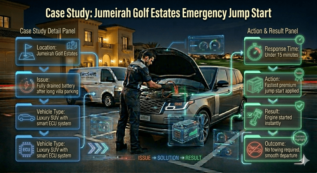 Case study infographic showing Jumeirah Golf Estates emergency jump start with EuroSwift Auto Services, including drained battery issue, fast response, jump start action, and instant engine restart without towing.