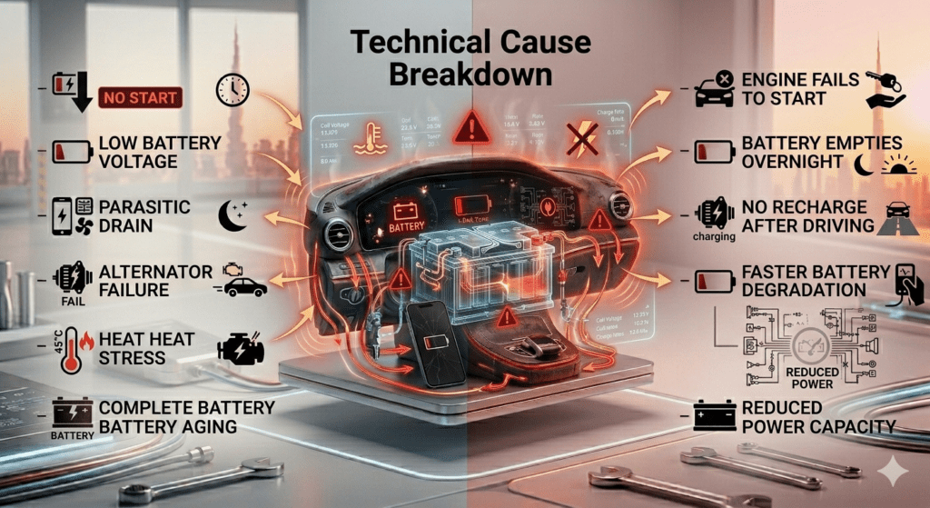 Technical breakdown of car battery failure showing causes like low voltage, heat stress, and alternator failure with effects