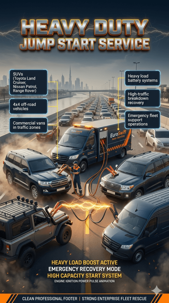 Heavy duty jump start service in Dubai showing technician using high-power booster cables on SUV, 4x4, and commercial van stuck in traffic with rescue truck support.