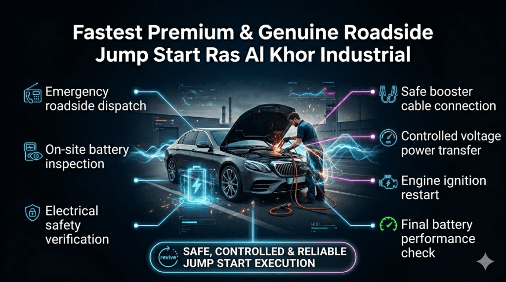 Roadside jump start process in Ras Al Khor Industrial showing technician performing step-by-step battery boosting and safety verification.