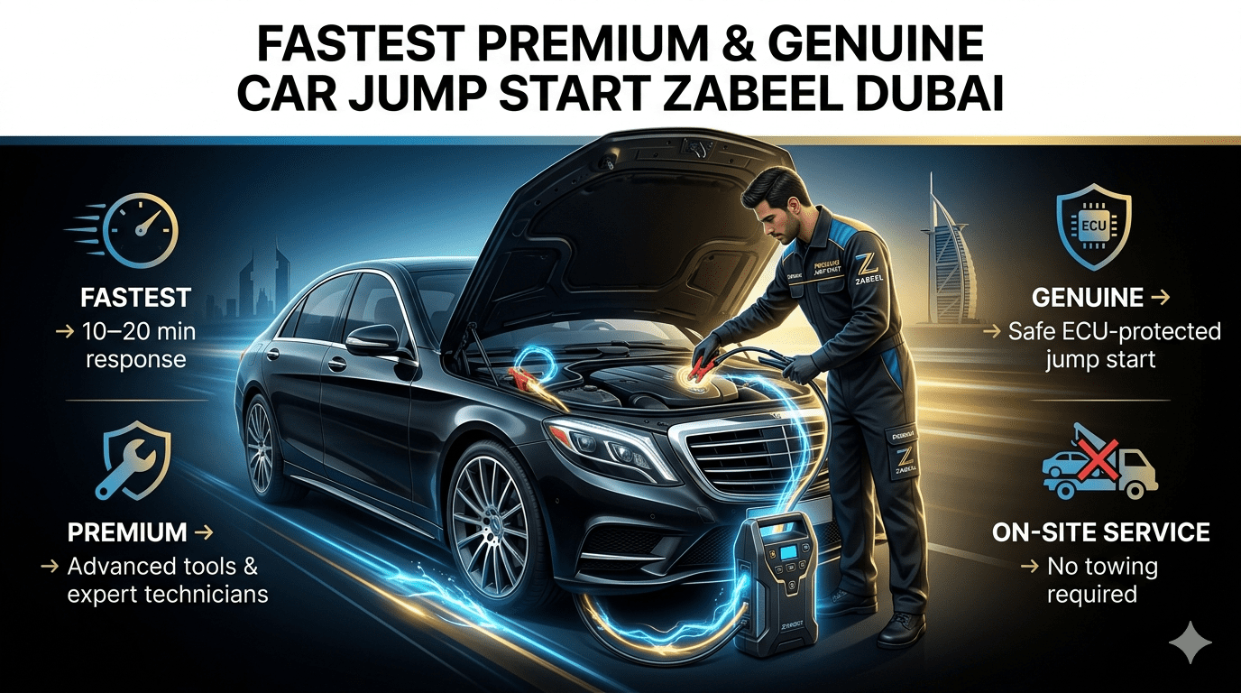 Premium roadside jump start service in Zabeel Dubai showing technician boosting car battery with key features displayed on sides.