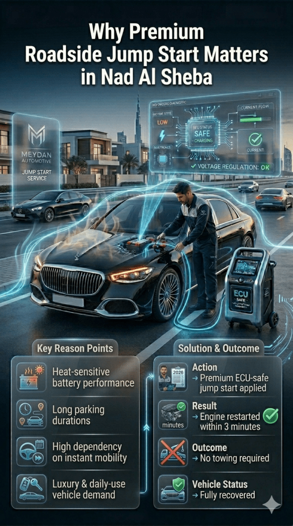 Premium automotive infographic showing ECU-safe roadside jump start importance in Nad Al Sheba Dubai with luxury car protection, heat-sensitive battery issues, and instant mobility recovery.