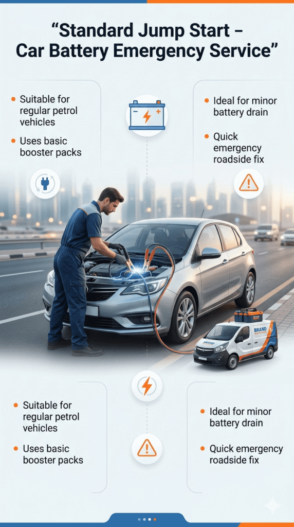 Standard jump start service showing technician using booster cables on a petrol car for minor battery drain roadside emergency.