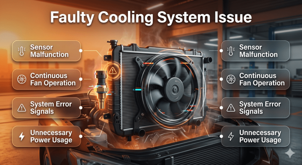 Car cooling system with faulty sensor keeping the fan running continuously, showing title “Faulty Cooling System Issue” and side points explaining sensor malfunction and unnecessary power usage.