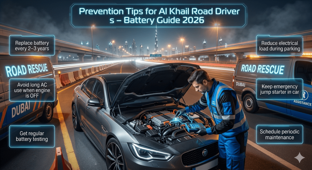 A cinematic roadside assistance scene on Al Khail Road Dubai showing a mechanic demonstrating battery prevention tips with futuristic informational panels in a user guide style.