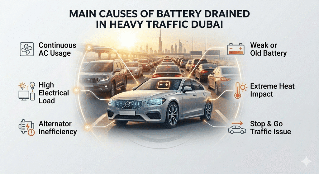 Main causes of car battery drain in heavy Dubai traffic including heat AC and electrical load