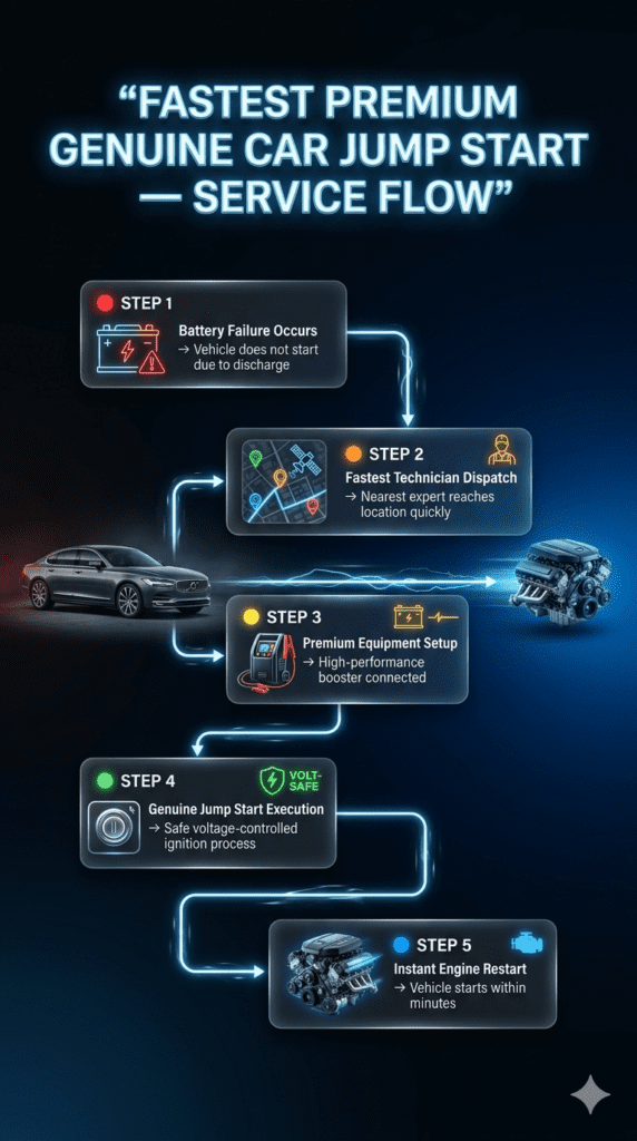 Futuristic infographic showing step-by-step car jump start service flow from battery failure to instant engine restart with premium roadside assistance visuals.