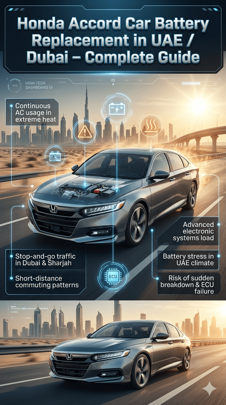 Honda Accord car battery replacement guide showing UAE driving conditions, heat impact, traffic stress, and modern vehicle electronic load with infographic style points.