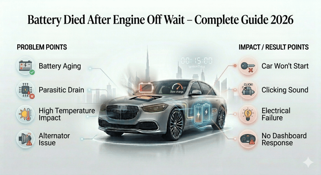Car battery died after engine off wait with causes and effects shown in a clean infographic guide
