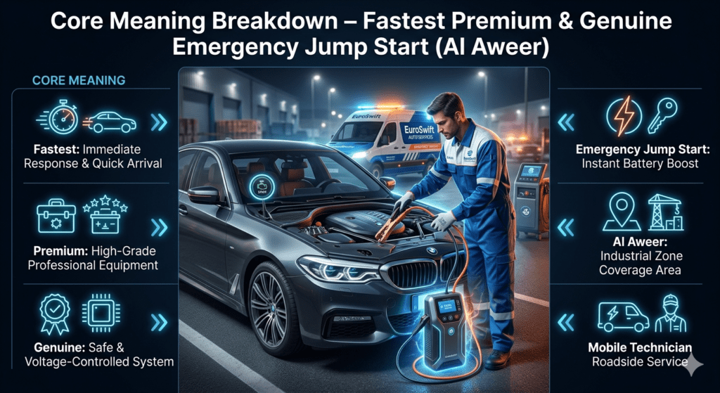 Professional roadside technician performing safe emergency jump start in Al Aweer industrial area using mobile booster equipment and emergency assistance system.