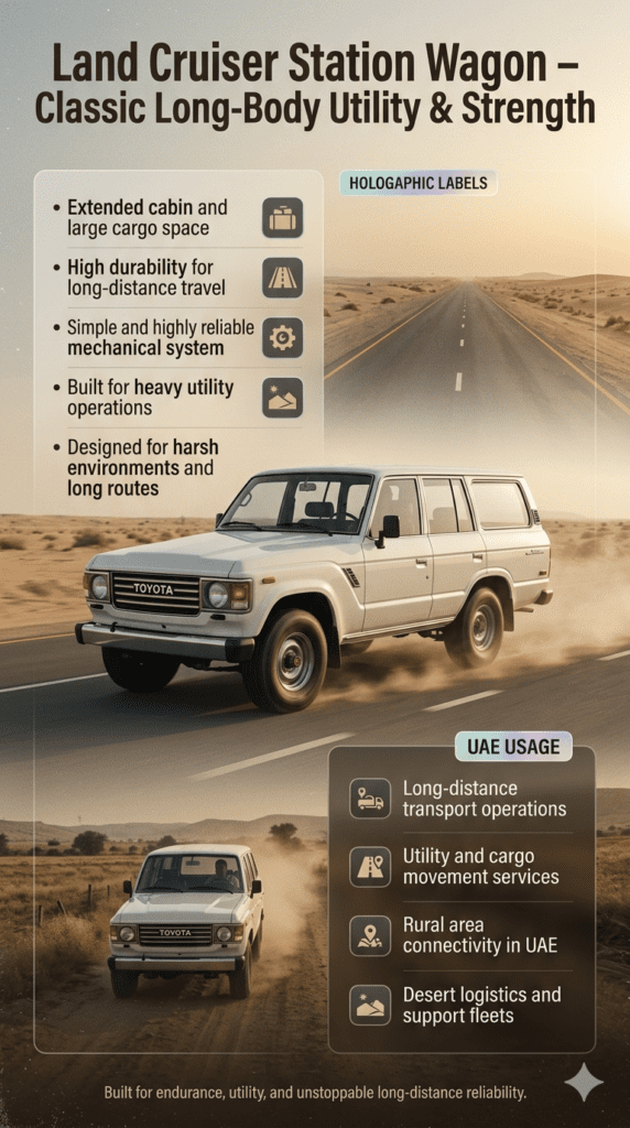 Toyota Land Cruiser Station Wagon long-body SUV shown in UAE desert and rural landscape with infographic panels highlighting cargo space, durability, long-distance transport, and utility usage.