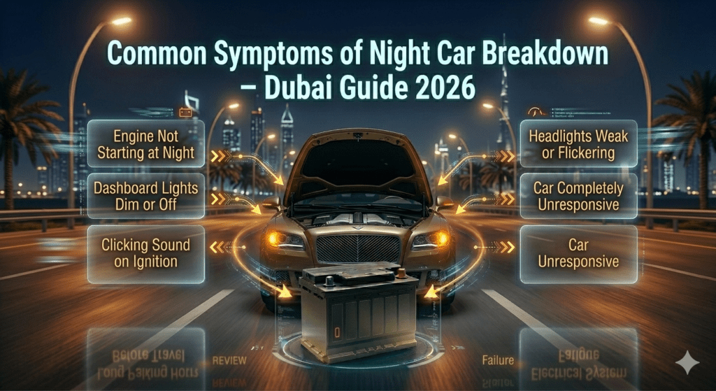 Night car breakdown symptoms in Dubai showing engine not starting, dim dashboard lights, weak headlights, and clicking sound.