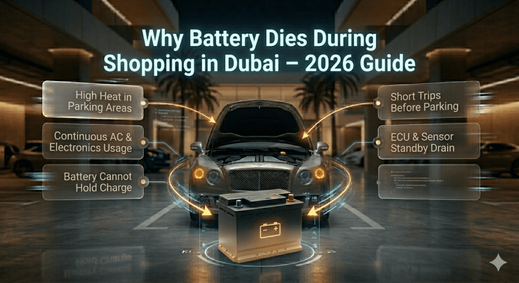 Infographic showing reasons car battery dies during shopping in Dubai including heat, AC usage, short trips, and electrical drain.