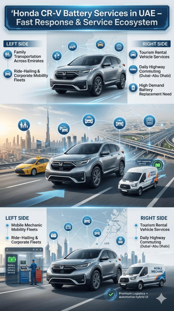 Honda CR-V battery service ecosystem in UAE showing family use, fleet operations, rental services, and mobile workshop support with Dubai transportation network.