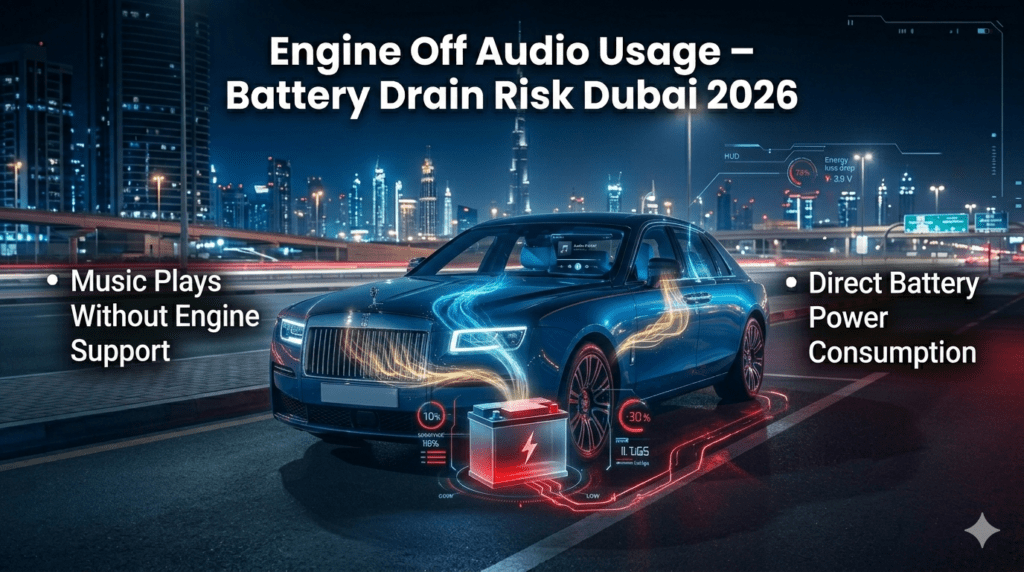 Car engine off audio usage in Dubai showing music playing without engine support draining battery power directly.