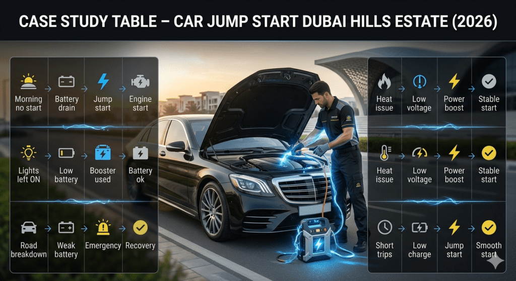 Case study table of car jump start service in Dubai Hills Estate showing different battery failure situations, causes, actions, and results around a technician boosting a car.
