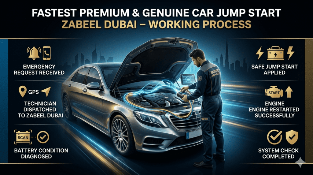 Roadside jump start working process in Zabeel Dubai showing technician boosting car battery with step-by-step service flow displayed on sides.
