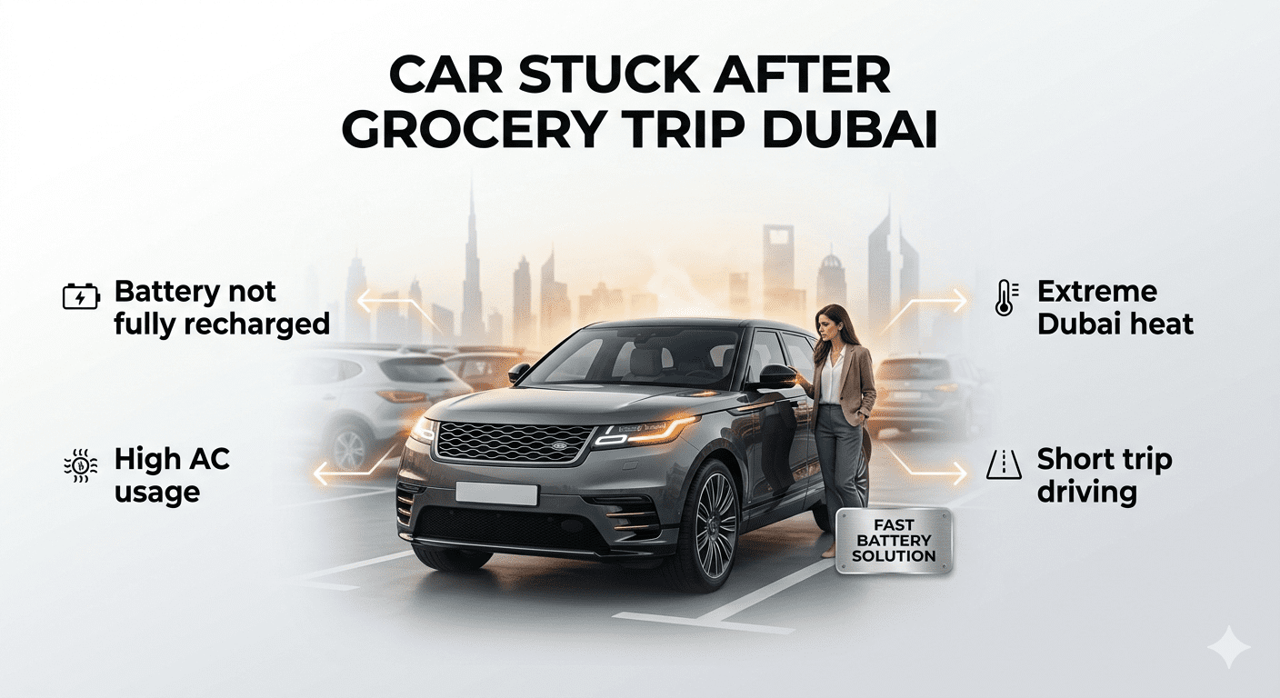 Car stuck in Dubai supermarket parking after grocery trip showing battery issue with infographic points