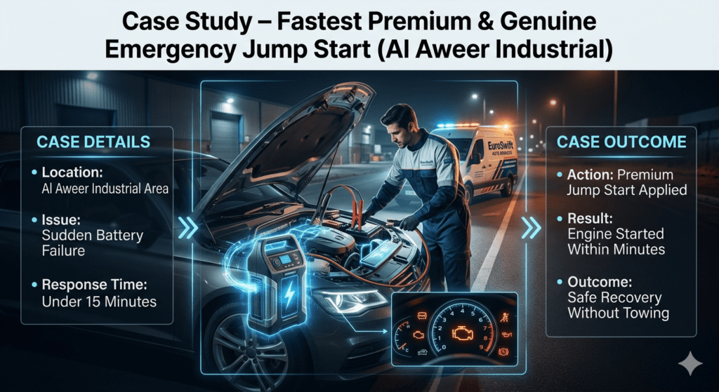 Case study showing emergency roadside jump start service in Al Aweer Industrial Area with technician performing safe battery boost and successful vehicle recovery.