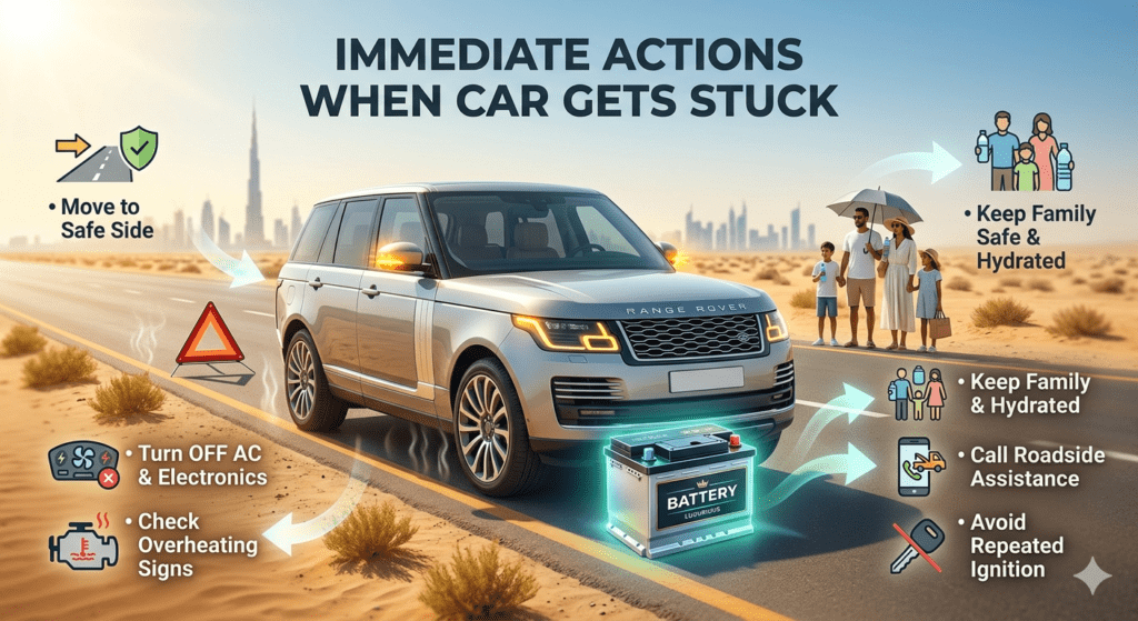 Car pulled over safely in Dubai with hazard lights and visual steps showing immediate actions to take during a breakdown