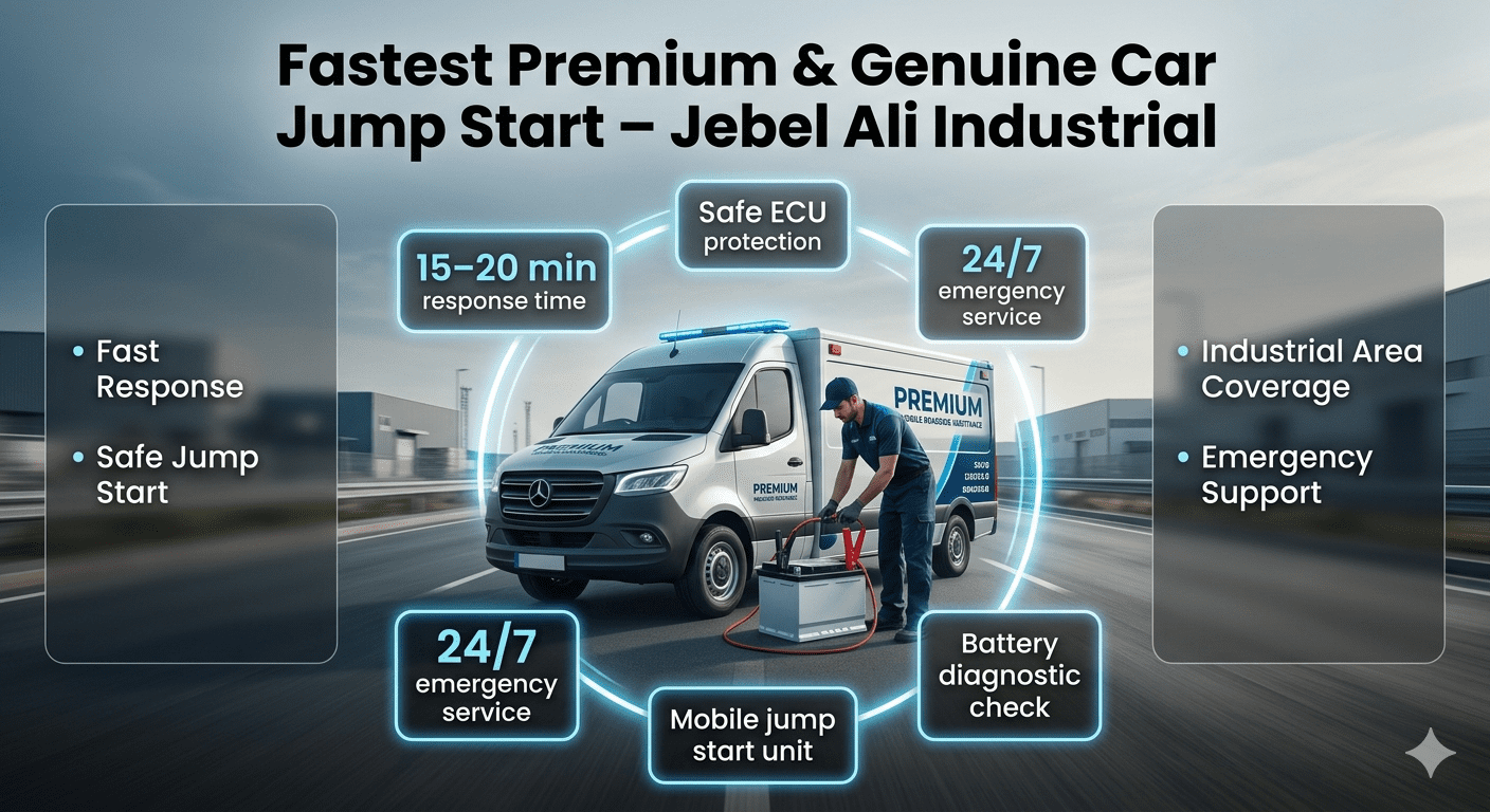 Premium roadside car jump start service in Jebel Ali Industrial showing technician boosting a vehicle battery with emergency support infographic elements.