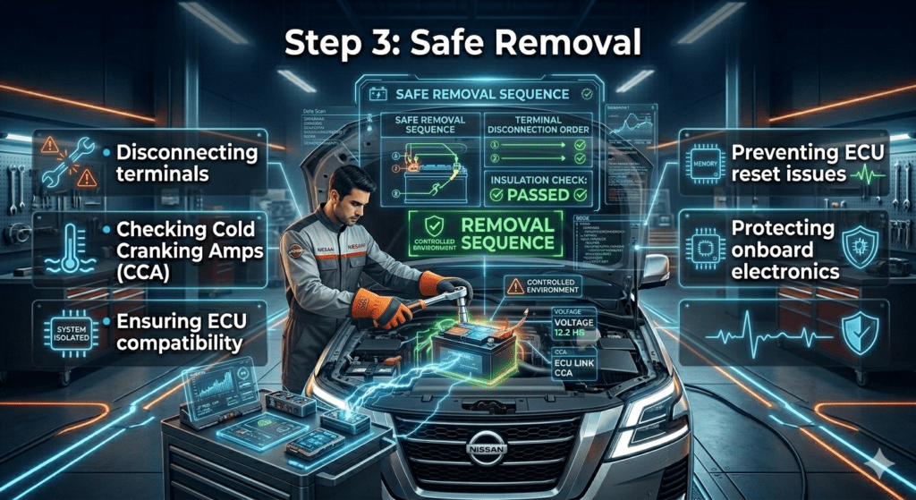Car battery safe removal process showing terminal disconnection, ECU protection, and prevention of onboard electronic damage in a professional automotive service infographic.