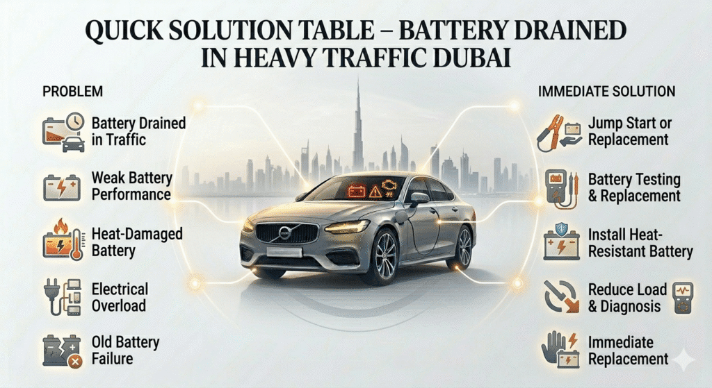 Quick solution table showing car battery problems in Dubai traffic and their immediate fixes