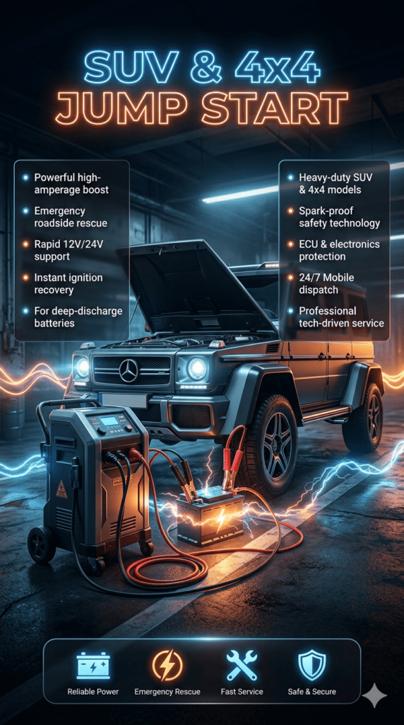 Professional SUV and 4x4 jump start service illustration showing high-capacity power boost being delivered to a heavy engine vehicle with emergency roadside support setup.