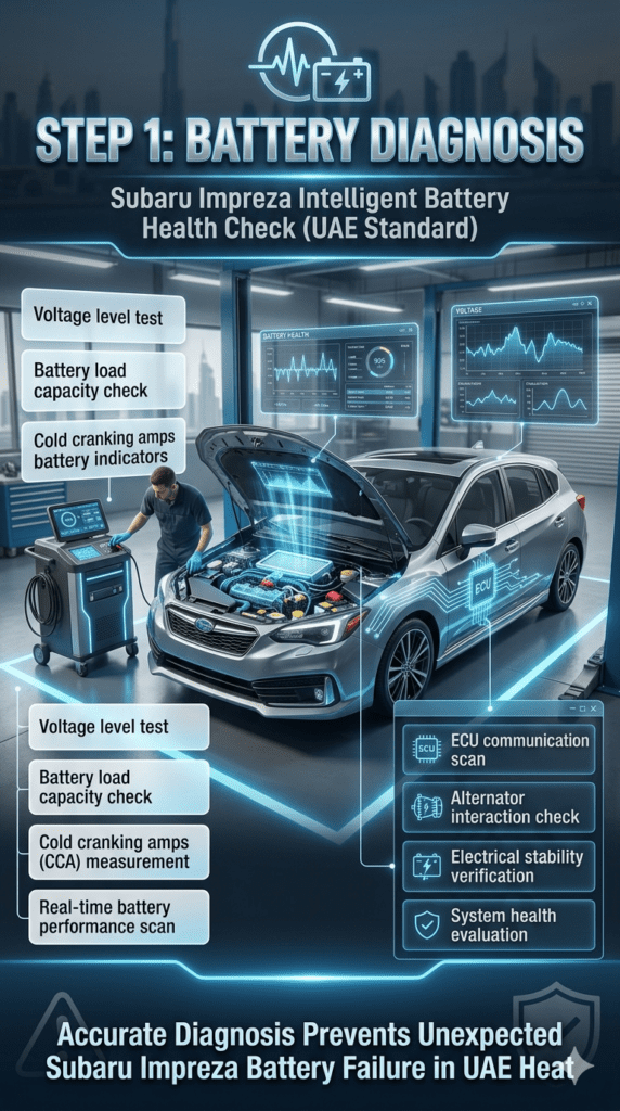 Subaru Impreza infographic showing battery diagnosis process with voltage test, load check, CCA measurement, and ECU scan performed using digital tools in a Dubai workshop.
