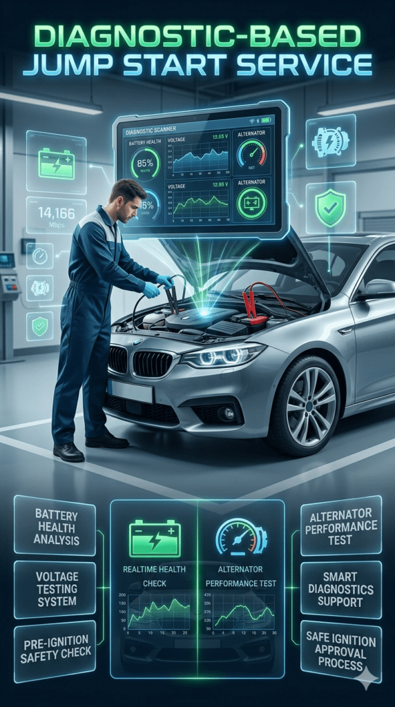 Diagnostic-based jump start service showing technician performing battery health check and alternator testing using advanced diagnostic tools before safely starting the vehicle.