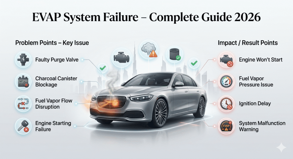 EVAP system failure causing car not to start with causes and effects shown in a clean infographic guide