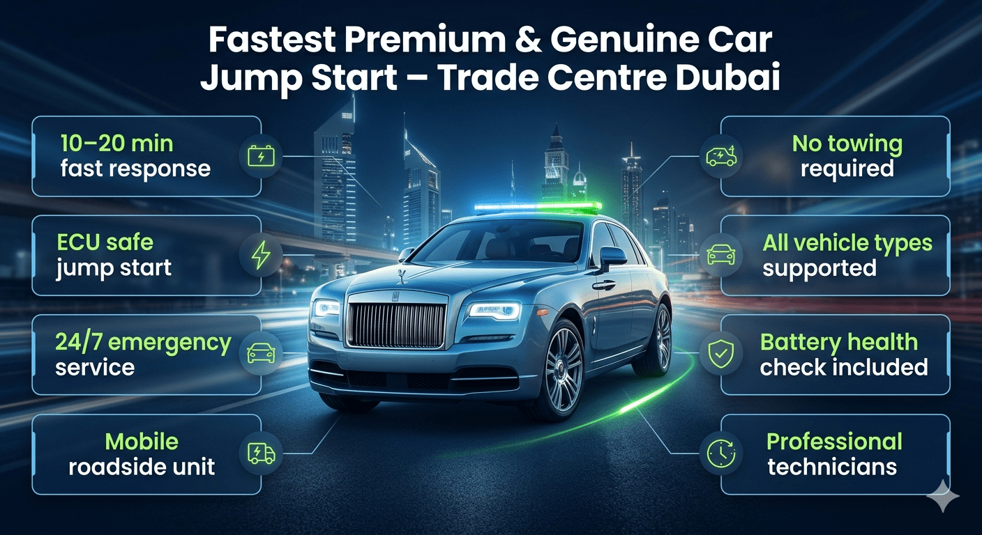 Premium infographic showing fast car jump start service in Trade Centre Dubai with central luxury car image and emergency roadside assistance points displayed on both sides.