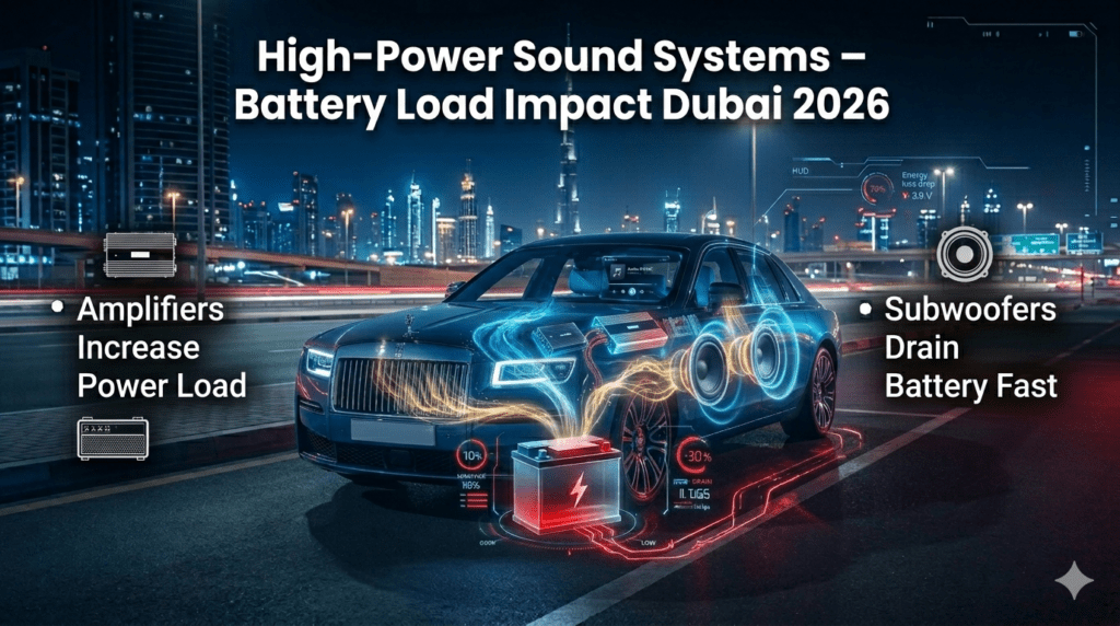 High-power car sound system in Dubai showing amplifiers and subwoofers consuming heavy electrical load causing battery drain.