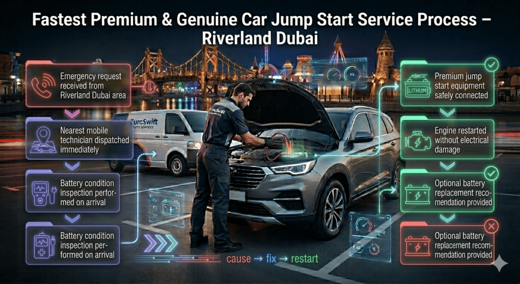 Step-by-step infographic showing Riverland Dubai car jump start process including emergency request, technician dispatch, inspection, jump start, engine restart, and battery recommendation.