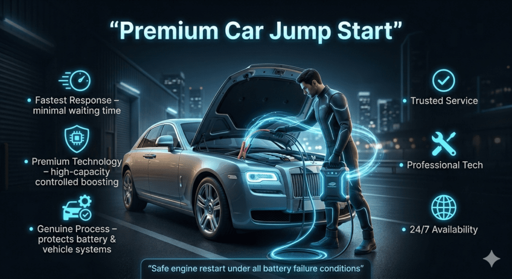 Premium car jump start service showing a technician boosting a luxury vehicle with key features highlighted on both sides