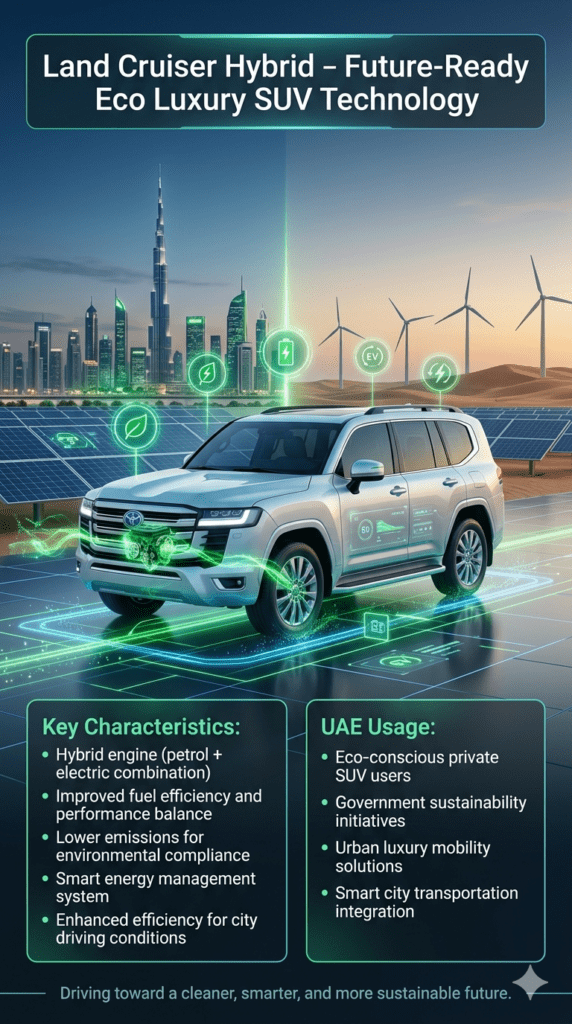 Toyota Land Cruiser Hybrid SUV shown in futuristic Dubai smart city and eco desert environment with infographic panels highlighting hybrid engine, fuel efficiency, low emissions, and UAE sustainability usage.