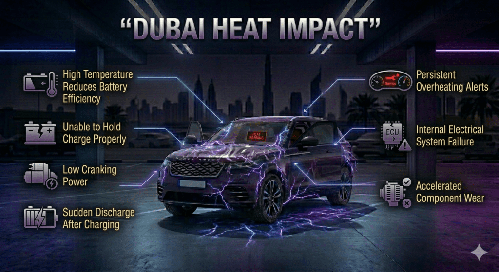 Dubai heat impact reducing car battery efficiency and causing internal damage