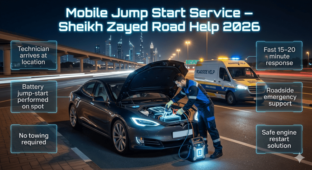 A cinematic roadside assistance scene on Sheikh Zayed Road showing a technician performing a mobile jump start on a luxury car with futuristic service information panels on both sides.
