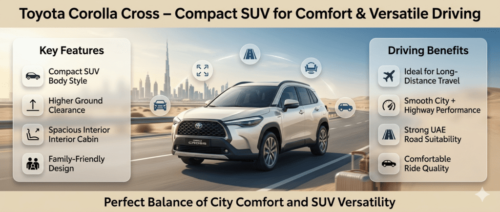 Toyota Corolla Cross infographic showing compact SUV design, higher ground clearance, spacious interior, and suitability for UAE city and highway driving.