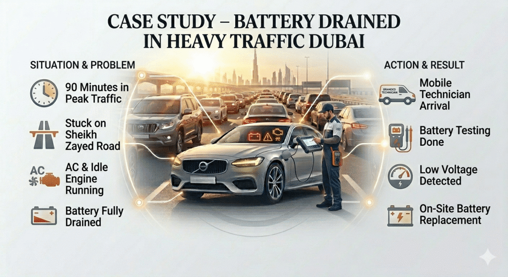 Case study showing car battery drain in Dubai traffic with technician testing and replacing battery on site